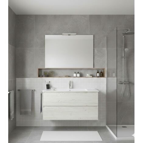 Conjunto Mueble de baño LOKI ya montado 2 cajones con patas, lavabo y espejo Blanco nordico 60x45 cm (1/2)