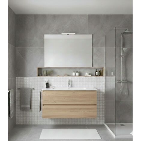 Conjunto Mueble de baño LOKI ya montado 2 cajones con patas, lavabo y espejo Estepa 50x40 cm