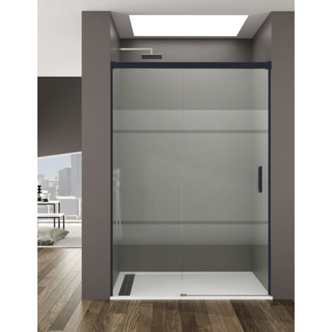 Mampara de ducha Frontal ALLSTONE BASIC 1+1, sin perfil inferior 5 colores de perfilería, 2 tipos de cristal de 6mm en Aluminio  perfil Negro 170-175 cm cristal Serigrafiado (1/3)