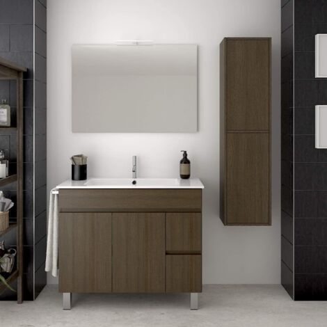 MUEBLE DE BAÑO TEMIS CON LAVABO, ESPEJO Y TOALLERO MARRÓN 100CM CON COLUMNA