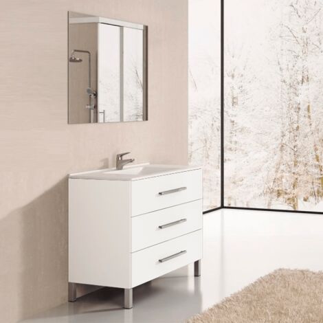 Mueble de baño Ribera con lavabo y espejo. Se envía montado 90CM seno desplazado a izquierda Blanco Brillo