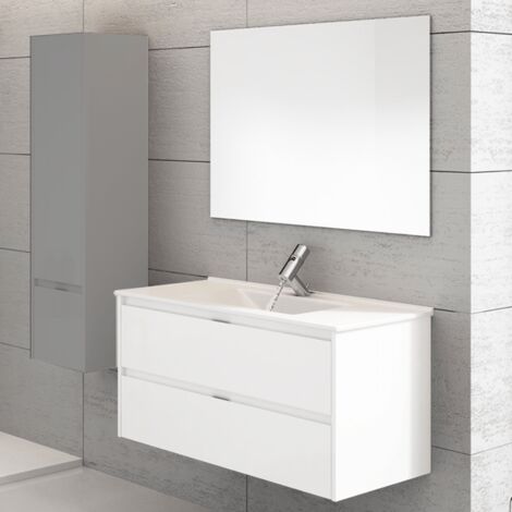 Mueble de baño suspendido Ibiza con lavabo y espejo. Se envía montado 90CM con seno desplazado a izquierda Blanco Brillo
