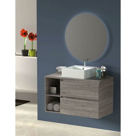 Conjunto de Baño ZEUS -7 colores distintos y 2 medidas - con mueble, espejo redondo retroiluminado y lavabo sobre encimera se envía MONTADO Roble Smoky 100 cm Estante izquierda