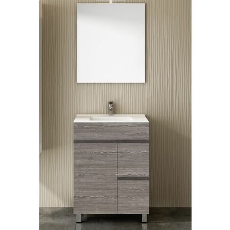 Conjunto de Baño Isquia 2 cajones y dos puertas - 7 colores distintos -15 medidas - incluye mueble, lavabo y espejo - Roble Smoky 60 x 35 cm (1/3)