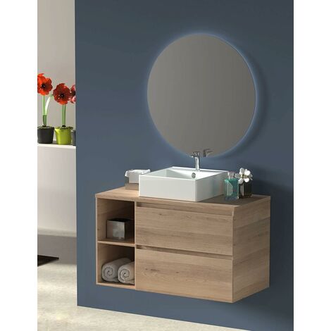 Conjunto de Baño ZEUS -7 colores distintos y 2 medidas - con mueble, espejo redondo retroiluminado y lavabo sobre encimera se envía MONTADO Fresno Tea 80 cm Estante izquierda
