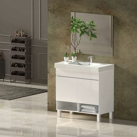 Conjunto de Baño NEBARI con patas - 7 colores distintos 2 puertas o un cajón a elegir- incluye mueble, lavabo y espejo se envía MONTADO Blanco Brillo 120x45Cm 1 seno con cajón (1/4)