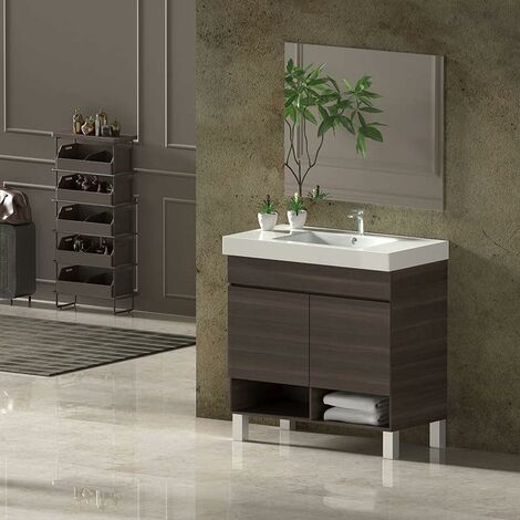 Conjunto de Baño NEBARI con patas - 7 colores distintos 2 puertas o un cajón a elegir- incluye mueble, lavabo y espejo se envía MONTADO Fresno Tea 70x45Cm con cajón