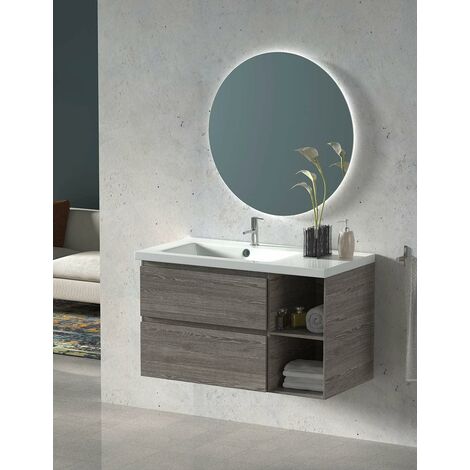 Conjunto de Baño ZEUS con mueble, espejo redondo retroiluminado y lavabo con seno desplazado a izquierda se envía MONTADO Blanco Brillo