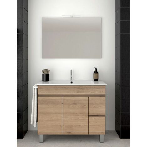 Conjunto de Baño Isquia 2 cajones y dos puertas - 7 colores distintos -15 medidas - incluye mueble, lavabo y espejo - Estepa 90 x 45 cm seno desplazado a izquierda