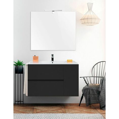 Conjunto de Baño Suspendido Itaca- 2 cajones y una puerta - 7 colores distintos -15 medidas - incluye mueble, lavabo y espejo - Grafito 70 x 45 cm
