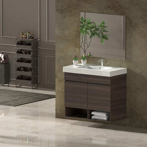 Conjunto de Baño NEBARI - 7 colores distintos 2 puertas o un cajón a elegir- incluye mueble, lavabo y espejo se envía MONTADO Fresno Tea 90x45Cm