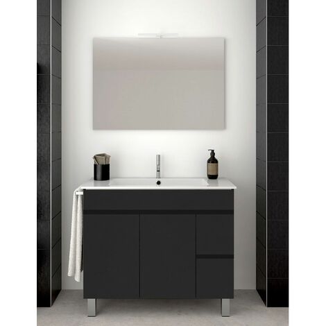 Conjunto de Baño Isquia 2 cajones y dos puertas - 7 colores distintos -15 medidas - incluye mueble, lavabo y espejo - Grafito 90 x 45 cm seno desplazado a izquierda (1/3)