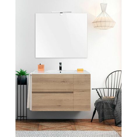 Conjunto de Baño Suspendido Itaca- 2 cajones y una puerta - 7 colores distintos -15 medidas - incluye mueble, lavabo y espejo - Estepa 90 x 45 cm seno desplazado a izquierda