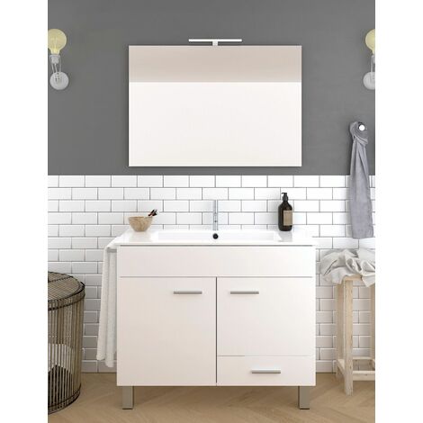 Conjunto de Baño Samos 2 puertas y un cajón - 7 colores distintos -15 medidas - incluye mueble, lavabo y espejo - Blanco 90 x 45 cm seno desplazado a izquierda (1/3)