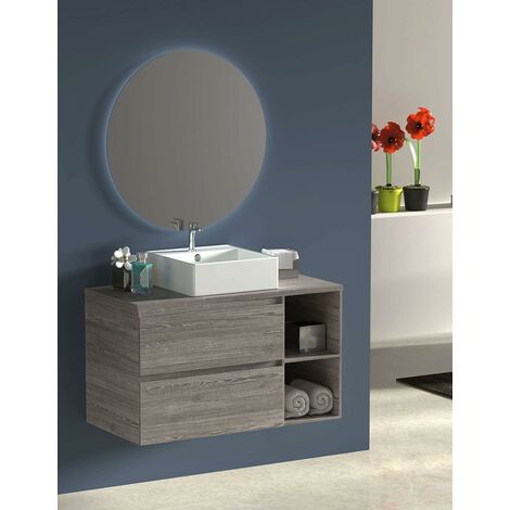 Conjunto de Baño ZEUS -7 colores distintos y 2 medidas - con mueble, espejo redondo retroiluminado y lavabo sobre encimera se envía MONTADO Roble Smoky 100 cm Estante derecha