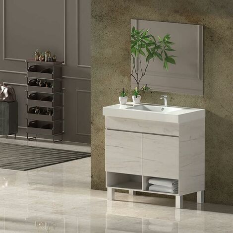 Conjunto de Baño NEBARI con patas - 7 colores distintos 2 puertas o un cajón a elegir- incluye mueble, lavabo y espejo se envía MONTADO Blanco Nórdico 80x40Cm