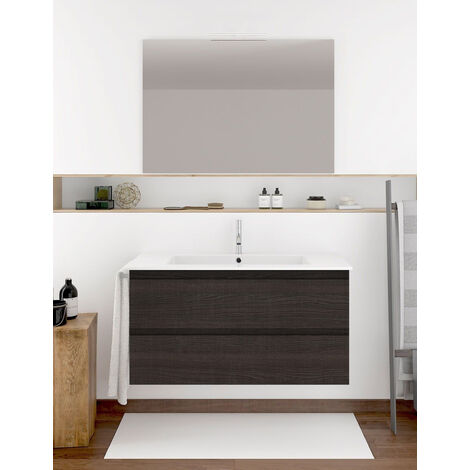 Conjunto de Baño Suspendido Ibiza de 2 cajones - 7 colores distintos -15 medidas - incluye mueble, lavabo y espejo - Roble Sinatra 90 x 45 cm seno desplazado a izquierda