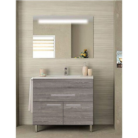 Conjunto de Baño Bahia 2 puertas y un cajón - 7 colores distintos -15 medidas - incluye mueble, lavabo y espejo - Roble Smoky 100 x 45 cm