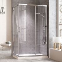 Mampara de ducha rectangular con cierre en ángulo. 2 puertas correderas y dos laterales fijos a los lados. Cristal transparente perfíl cromo 75X100CM