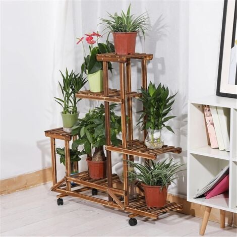 Étagère à Fleurs en Bois à Roulettes Porte Plante Intérieur-Extérieur Echelle Fleurs Pour Jardin Maison Balcon Terrasse - 95 x 26 x 96cm