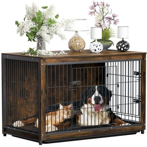 PawHut Cage pour chien sur pied avec coussin amovible acier noir et aspect  bois - 94 x 60 x 71,5 cm coloris bois naturel