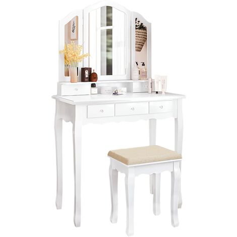 Tiptiper Dressing Table with Stool and 5 Drawers, Dressing Table with 3 Piece Folding Mirror and 8 Necklace Hooks, Modern White