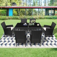 7 Pieces Luxury Rattan garden furniture Garden Dining Table and Chairs with Rectangular Glass Top Weatherproof Wicker Rattan Outdoor Conservatory 6 Seater Patio Furniture Set