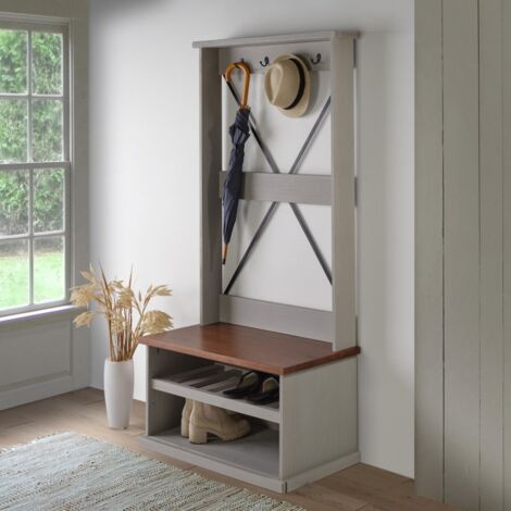 Mercers Furniture Cottage Grey Painted Pine Hall Tree Coat Rack – Wooden with Storage Shelf – 171H x 80W x 44D cm