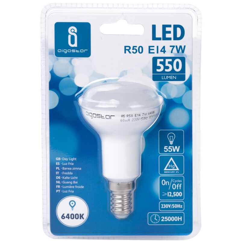 Lampadina Led E14 R50 a faretto 7W Bianco freddo 6400K Aigostar