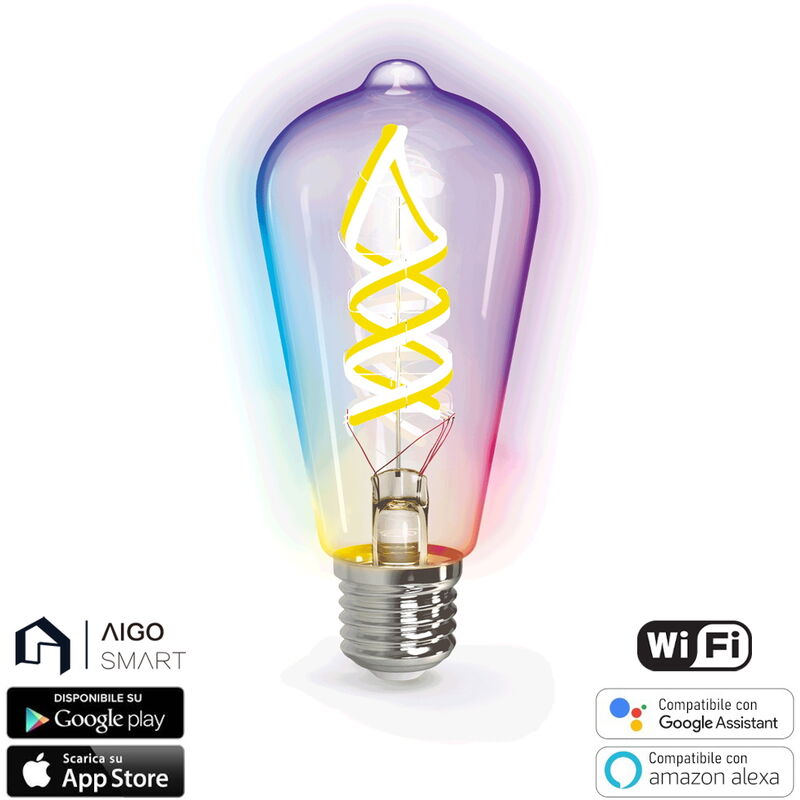 Lampadina Led a Filamento Smart ST64 E27 4,9W WiFi RGB CCT luce regolabile  e dimmerabile Aigostar