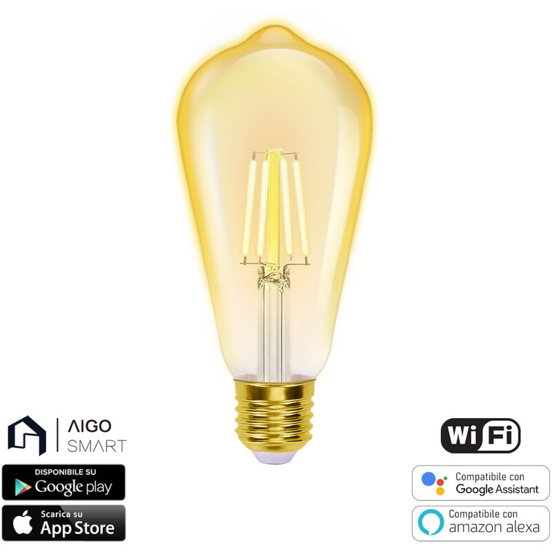 Aigostar Lampadina Filamento Vintage Retrò Smart WiFi E27 6W Alexa Google  Home