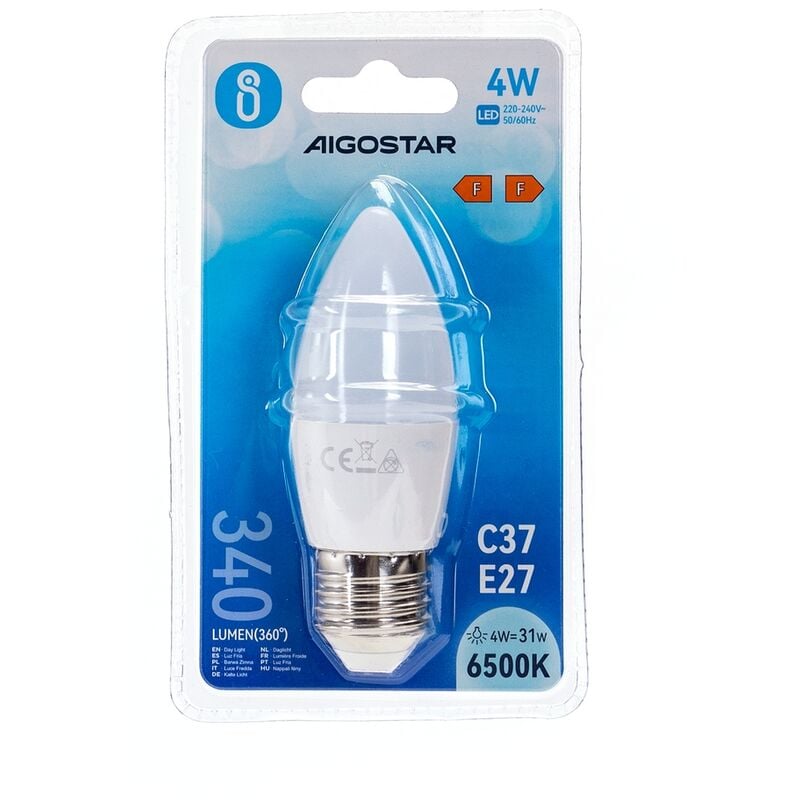 Lampadina Led E27 C35 a candela 4W Bianco freddo 6400K Aigostar