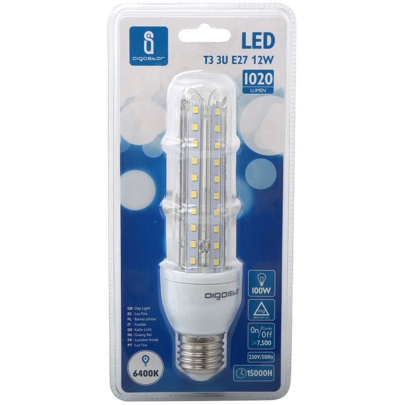 Lampadina Led E27 a tubo a U 12W Bianco freddo 6400K Aigostar