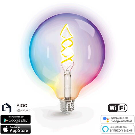 Lampadina Led a Filamento Smart G125 E27 4,9W WiFi RGB CCT luce regolabile  e dimmerabile Aigostar