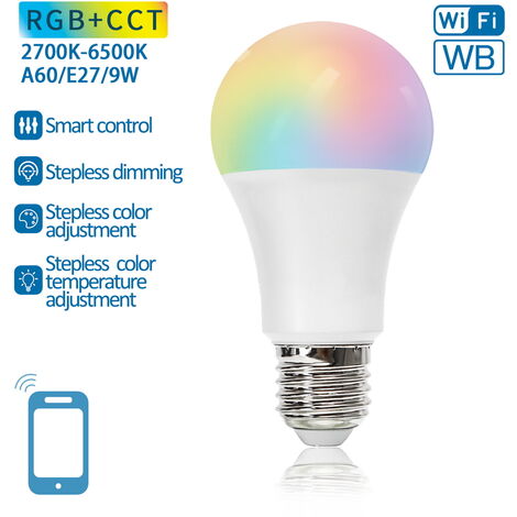 SMART-A60-9W - lampadine led E27 - - LAMPADINA LED SMART E27 A60 9W 220V  RGBW CCT WIFI LUCE DIMMERABILE E REGOLABILE