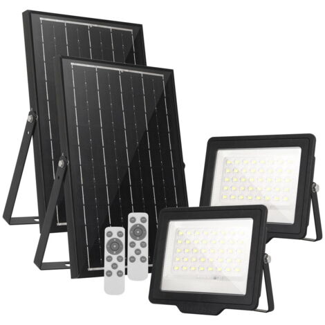 Faro Led 120W Nero con pannello solare IP66 Bianco freddo 6500K Dimmerabile con telecomando e sensore crepuscolare confezione da 2pz Wisdom