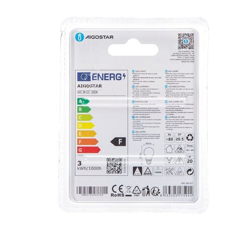 Lampadina Led E27 G45 a sfera 3W Bianco caldo 3000K Aigostar