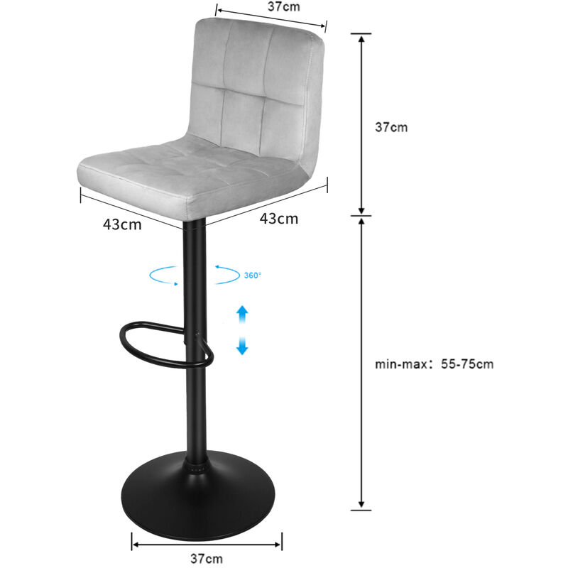 Set 2 Sgabelli Da Bar Con Schienale - Altezza Regolabile 60-81cm, Girevoli 360°, Velluto Grigio Chiaro - Foto 11