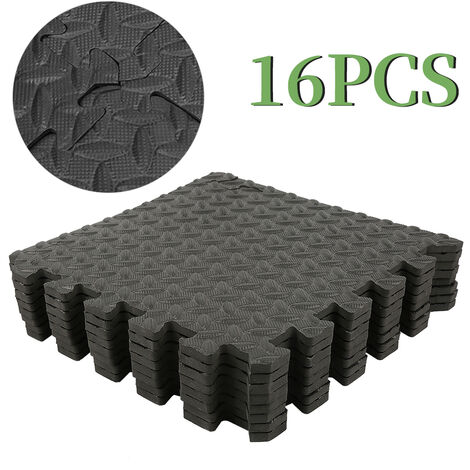 Haloyo tappetino in schiuma, tappetino puzzle, Tappetino sportivo per pavimenti in schiuma EVA con 16 piastrelle, per palestra, bodybuilding, palestra, bordi 30 cm x 30 cm, nero