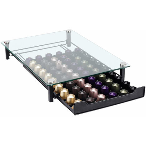 BRICOZONE Cassetto Porta Cialde in Bambù Con Ripiano in Vetro Organizer Per Capsule Caffè Con 4 Scomparti Salvaspazio Elegante Per Angolo Caffè