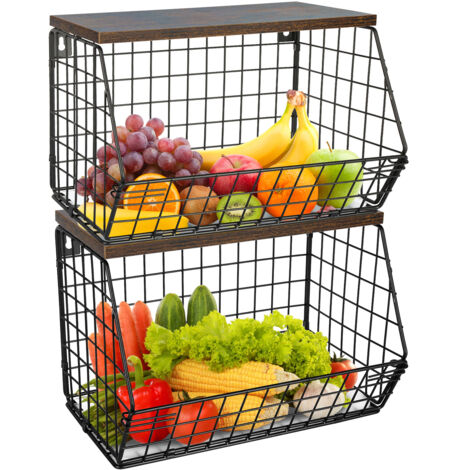 Cesto Porta Frutta E Verdura 5 Ripiani – Carrello Impilabile In Metallo Con Ruote E Piano In Legno – 40x30x94 Cm – Per Cucina, Dispensa, Bagno