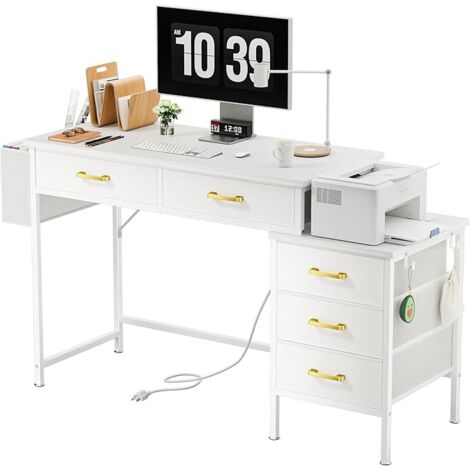 Scrivania Per Camera Con Piano Marmo E Piedi Oro - 103x55x80 Cm, 2 Cassetti, Bianco