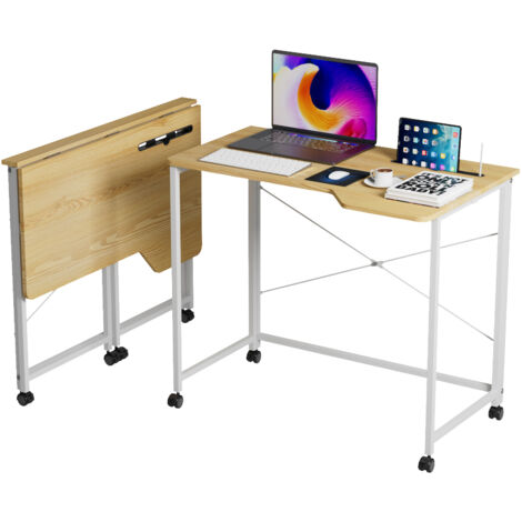 Scrivania per computer mobile Haloyo® con ruote, scrivania da tavolo, ampio piano d'appoggio per ufficio domestico, 90x56x75 cm, colore legno (1/5)