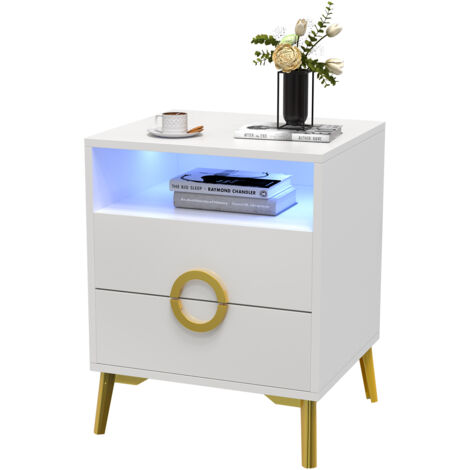 Giluta Comodino bianco con cassetti, comodino moderno con gambe in metallo massiccio oro, tavolino in legno per camera da letto, divano per corridoio, 40 cm P x 50 cm L x 61