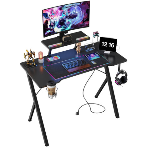 Scrivania Da Gioco Con LED E Multipresa Tavolo Da Gioco Scrivania Per Computer Con Alzata Per Schermo Per 2 Computer Per Camera Da Letto Nera 120004634 89548877