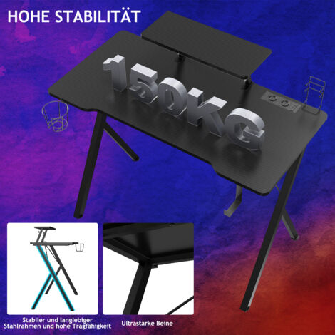 Scrivania Gaming, 100 x 50 cm, tavolo da gioco, scrivania robusta per computer ergonomico, superficie in fibra di carbonio, con LED, porta bicchiere e gancio per casco, cornice moderna a forma di