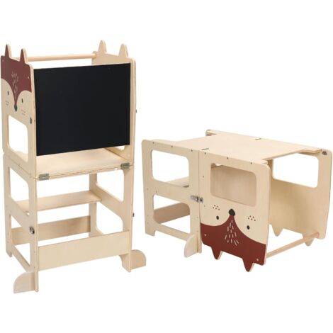 Haloyo® Torre di Apprendimento 3 in 1 con Lavagna  Design Volpe (87x42x38,5 cm)  Sgabello Montessori Regolabile  Per Cucina e Casa  Sicura e Divertente