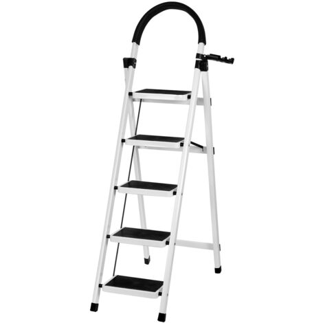 Sgabello pieghevole con scala a 5 gradini, in acciaio al carbonio, 152x87x39 cm, bianco