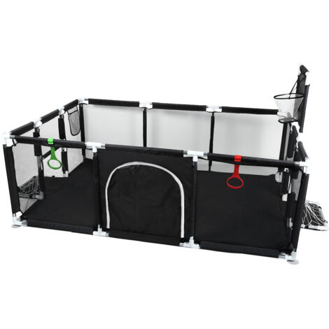 Box per bambini con canestro da basket e scaletta da calcio, cancelletto di sicurezza per bambini, barriera con ingresso e cancelletto per gattonare, nero