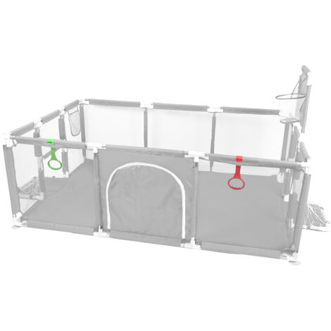 Box per bambini con canestro da basket e scaletta da calcio, cancelletto di sicurezza per bambini, barriera con ingresso e cancelletto per gattonare, grigio chiaro